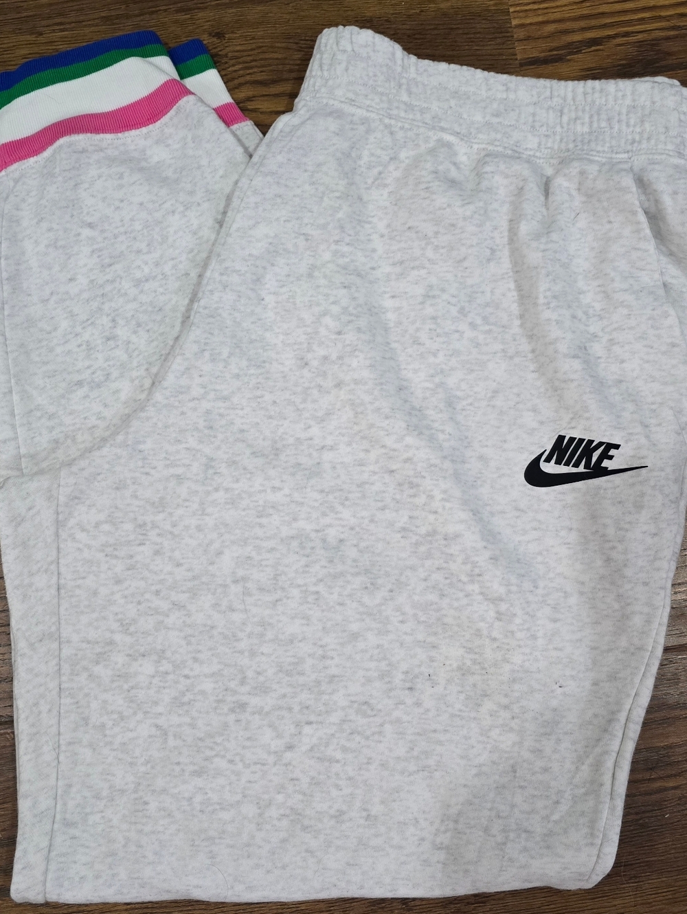Women's Nike Light Heather Gray Joggers with Multicolor Striped Cuffs. Size XL.